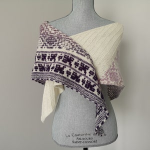 Purple, beige hand knitted shawl Wool scarf, kerchief with mosaic floral motifs Luxury handmade gift for women Warm winter fashion