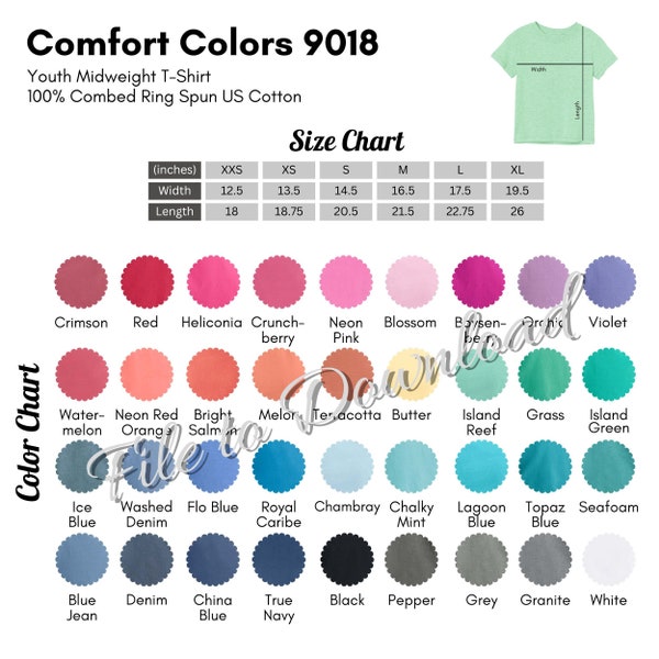 Comfort Colors 9018 Color Chart and Size Chart, CC9018 Youth T-Shirt Color Guide, Comfort Colors Size Table, All Colors Mockup