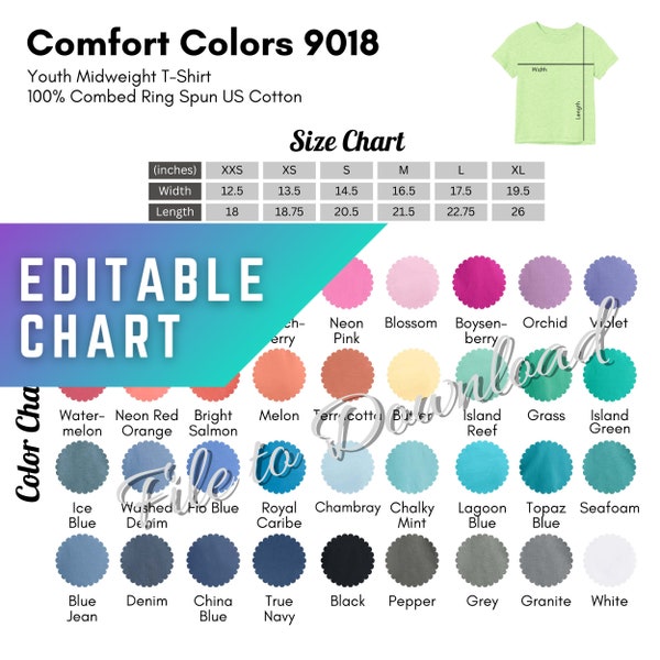 Editable Comfort Colors 9018 Color Chart and Size Chart, CC9018 Youth T-Shirt Color Guide, Comfort Colors Size Table, All Colors Mockup