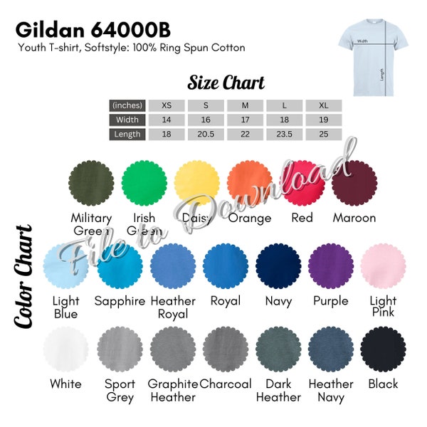Gildan 64000B Color Chart and Size Chart, G640B Youth Softstyle T-Shirt  Color Guide, Gildan 64000B Tshirt Size Table, All Colors Mockup