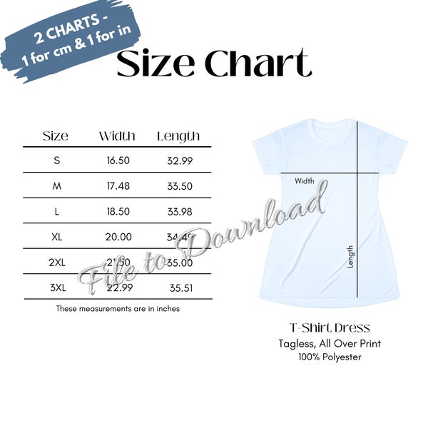 Tshirt Dress Size Chart, Generic All Over Print Dress, Women's AOP T-shirt Dress