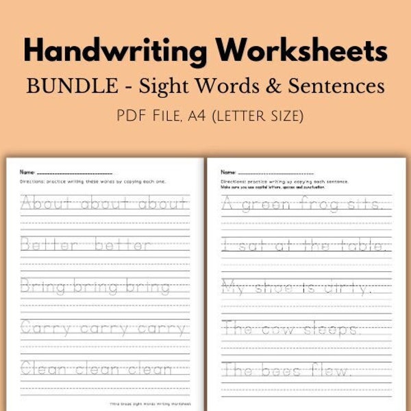 Bundle Handwriting Worksheets, Sight Words Printable Tracing Sheet, First Grade, Second Grade, Third Grade, Sentences Punctuation