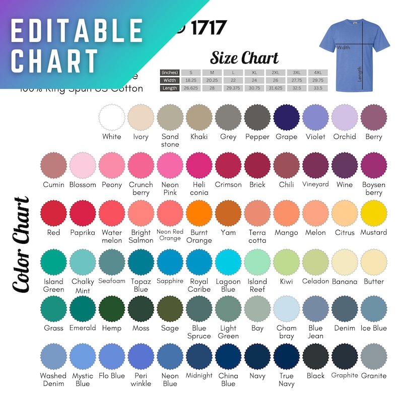 Editable Comfort Colors 1717 Color Chart and Size Chart - Etsy