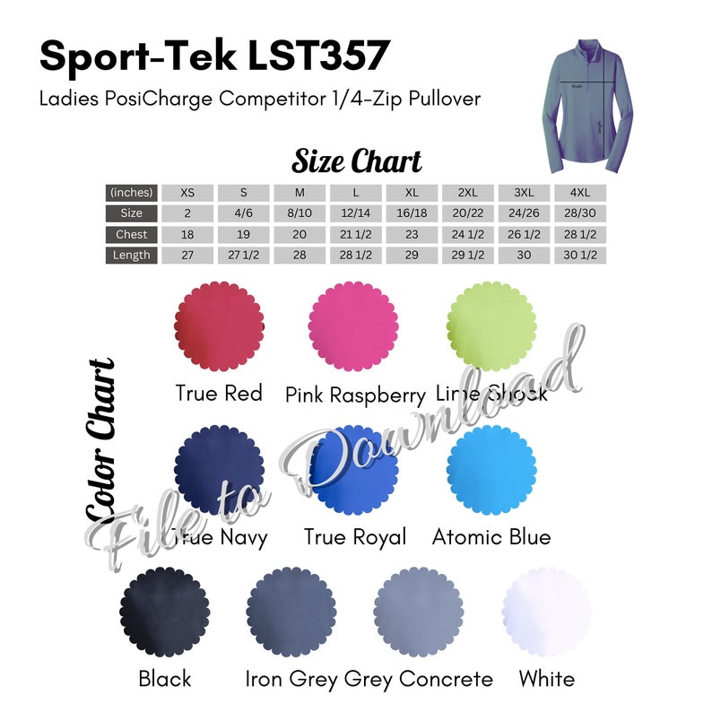 Sporttek LST357 Color Chart and Size Chart, Sport Tek LST357 Ladies