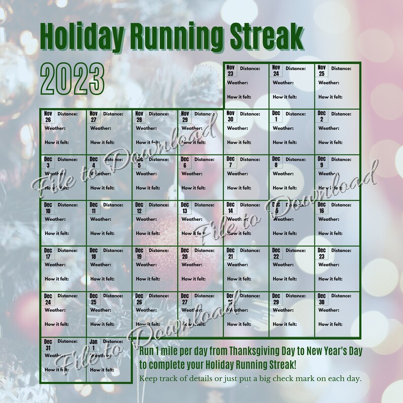 Holiday Running Streak Log 2023, Christmas Image, Winter Run Streak
