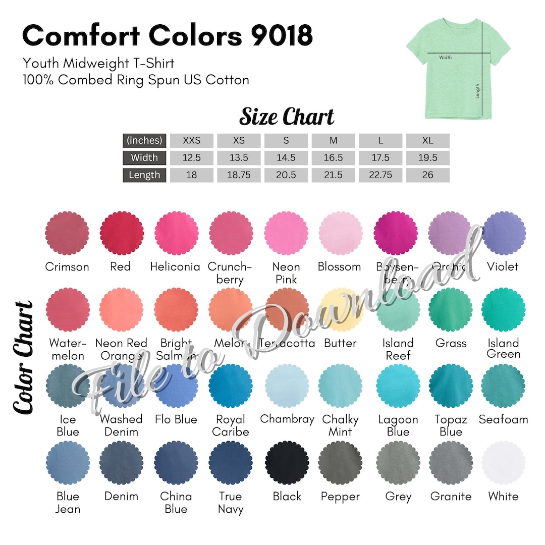 Comfort Colors 9018 Color Chart and Size Chart, CC9018 Youth T-shirt ...