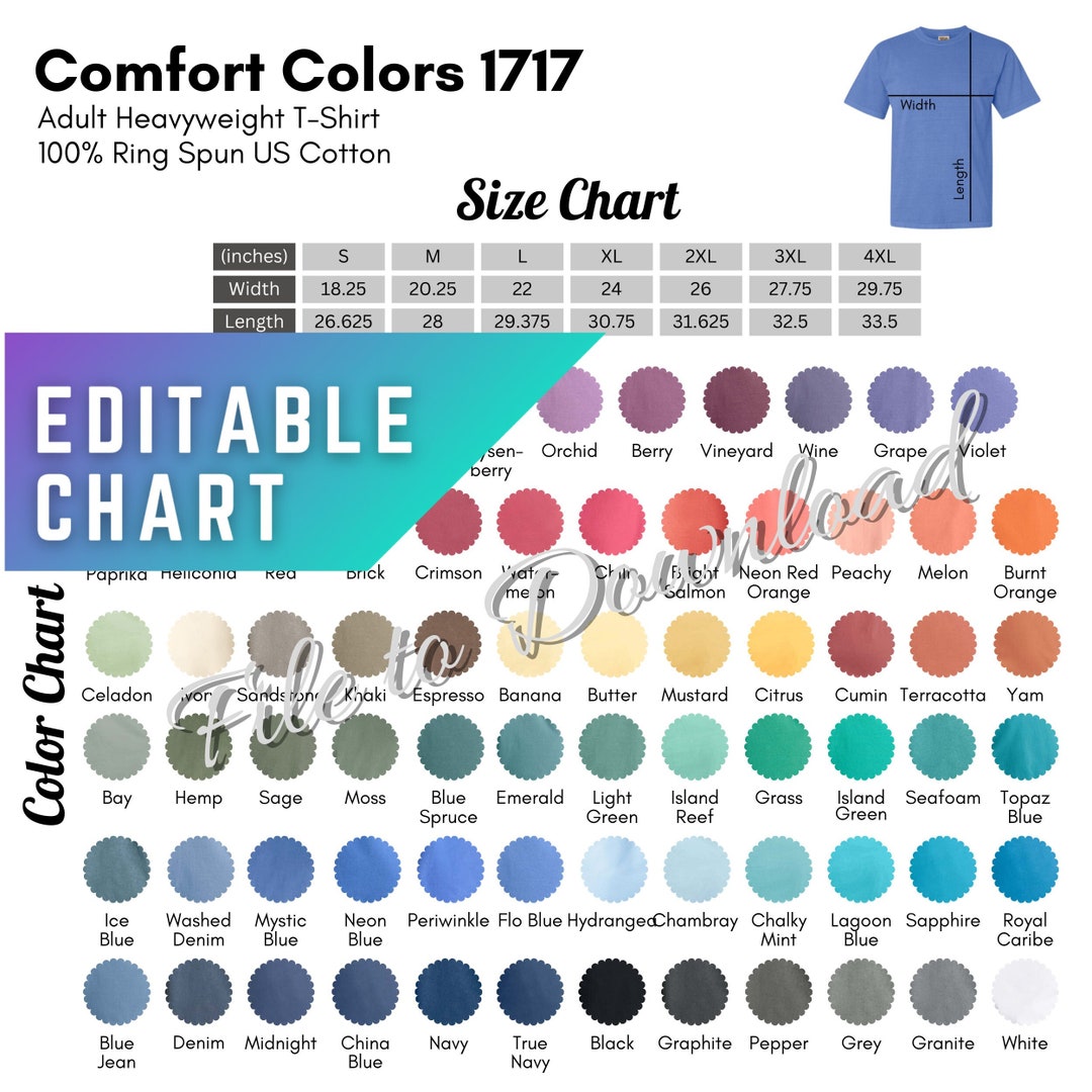 Editable Comfort Colors 1717 Color Chart and Size Chart Etsy