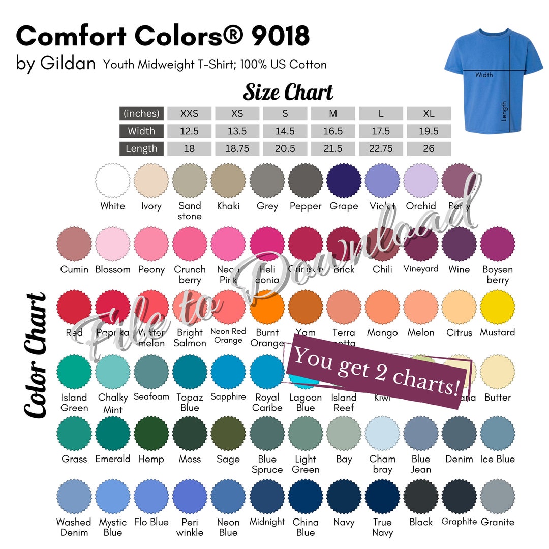 Comfort Colors 9018 Color Chart and Size Chart CC9018 Youth - Etsy