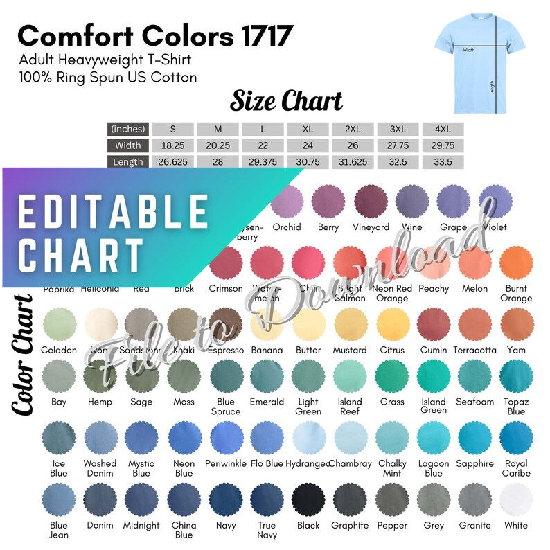 Editable Comfort Colors 1717 Color Chart and Size Chart, Comfort Colors