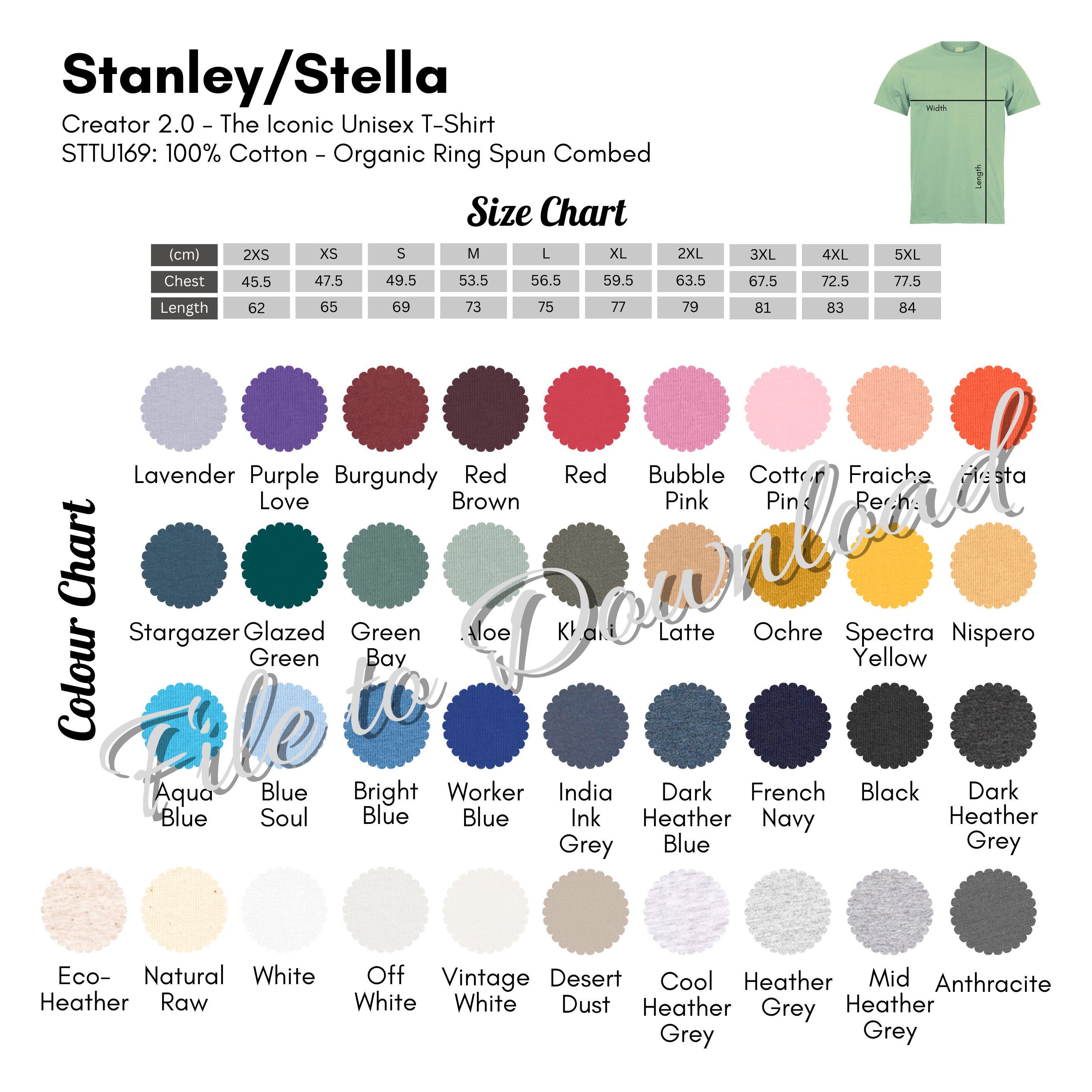 Stanley/stella Color Chart and Size Chart, STTU169 Stanley Stella