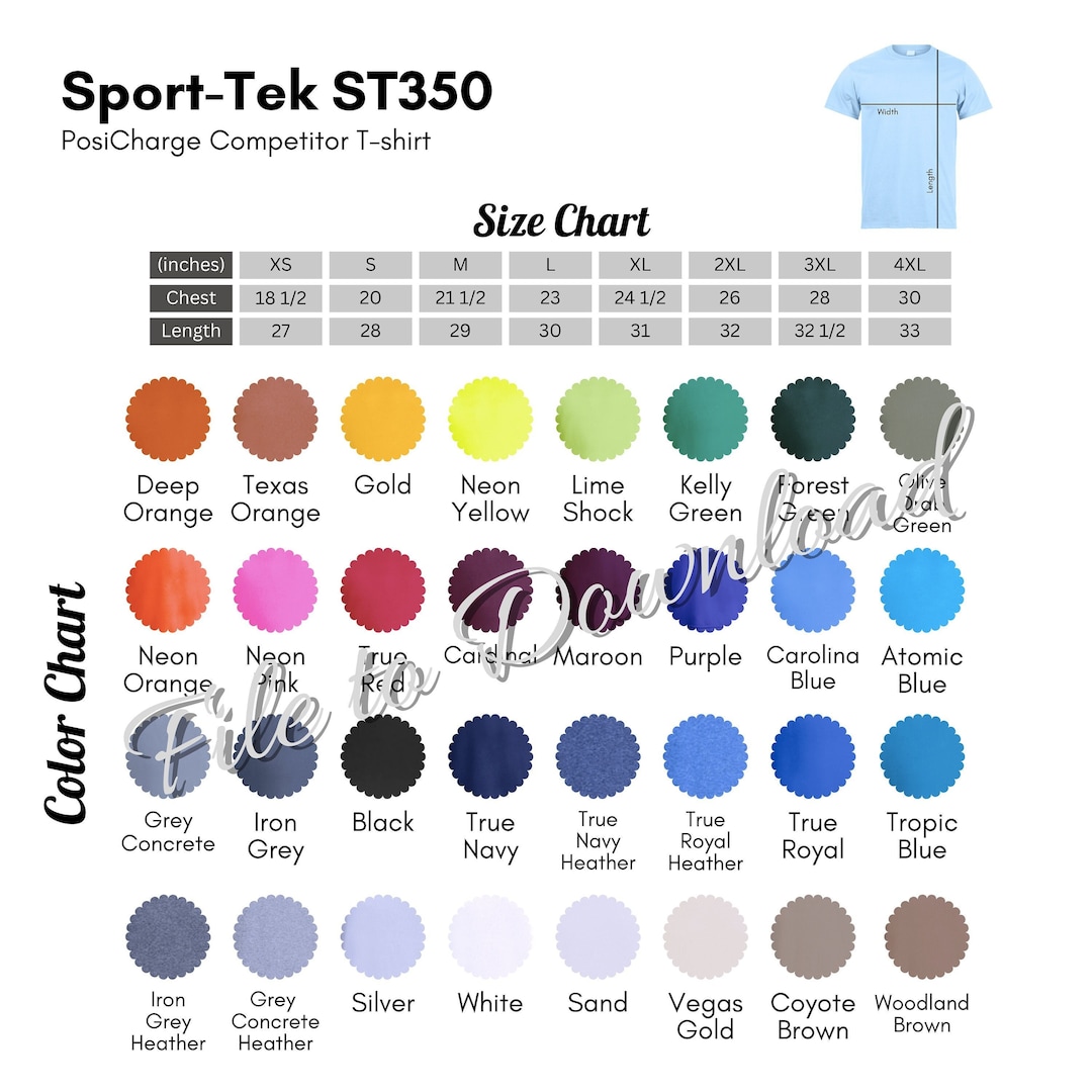 Sporttek ST350 Color Chart and Size Chart, Sport Tek ST350 Unisex