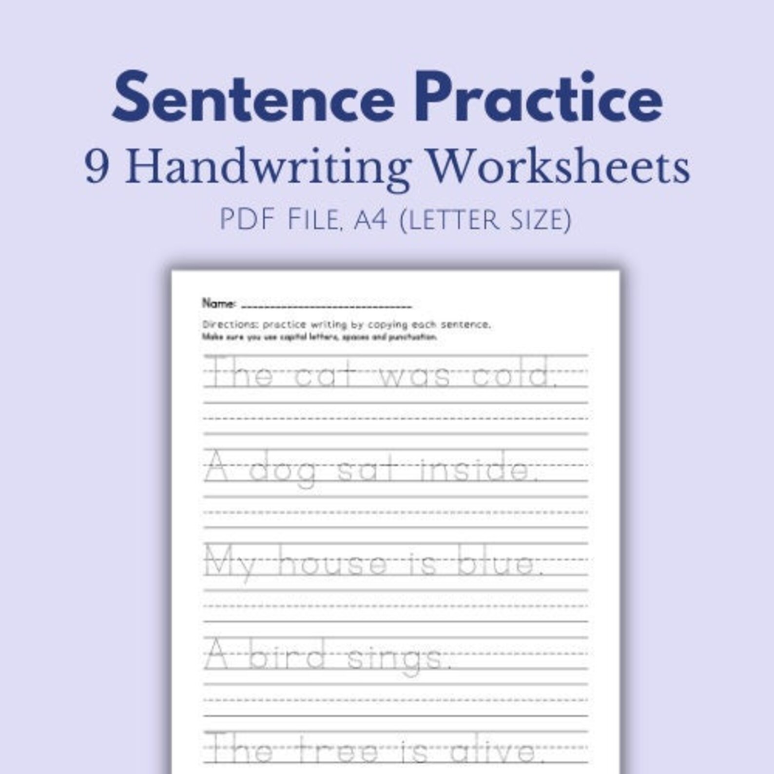Sentence Worksheet, Handwriting Printable Tracing Sheet, Digital ...