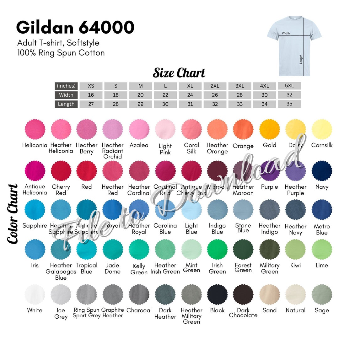 Gildan 64000 Color Chart and Size Chart, G640 Adult Softstyle Tshirt