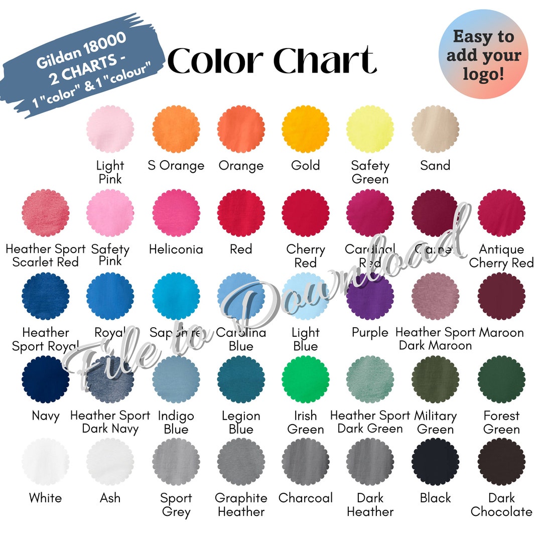 Gildan 18000 Color Chart, G180 Adult Crewneck Sweatshirt Colour Guide ...