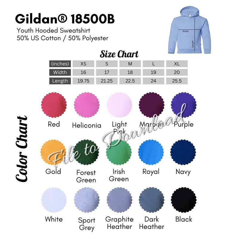 Gildan 18500B Color and Size Chart G185B Youth Hooded - Etsy Canada