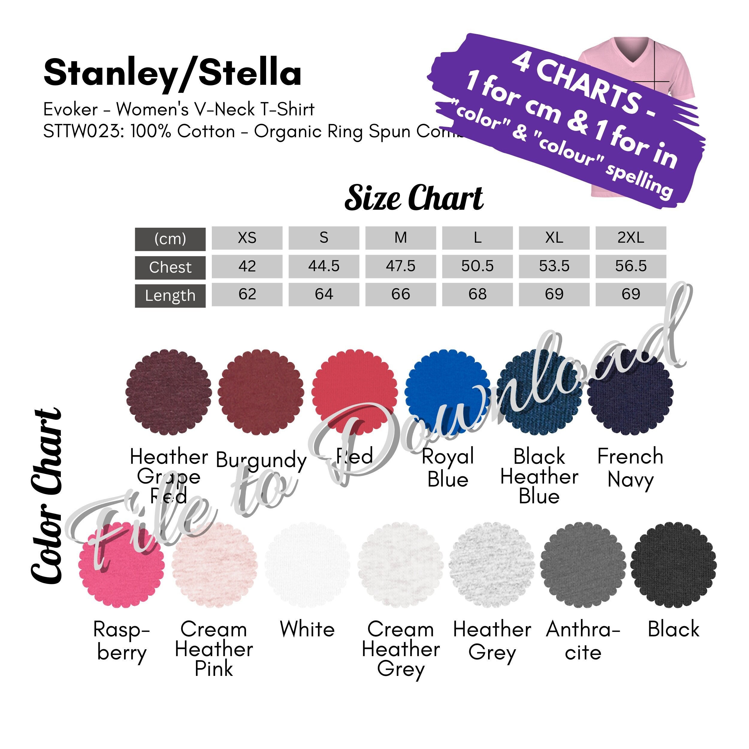 Stanley/stella STTW023 Color Chart and Size Chart, Stanley Stella