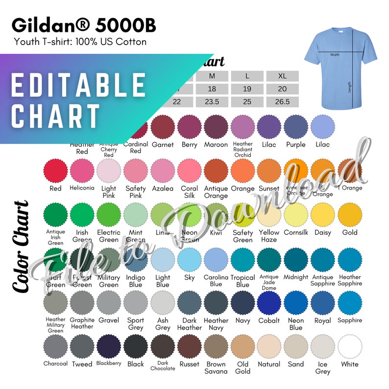 EDITABLE Gildan 5000B Youth Tshirt Color And Size Chart Etsy