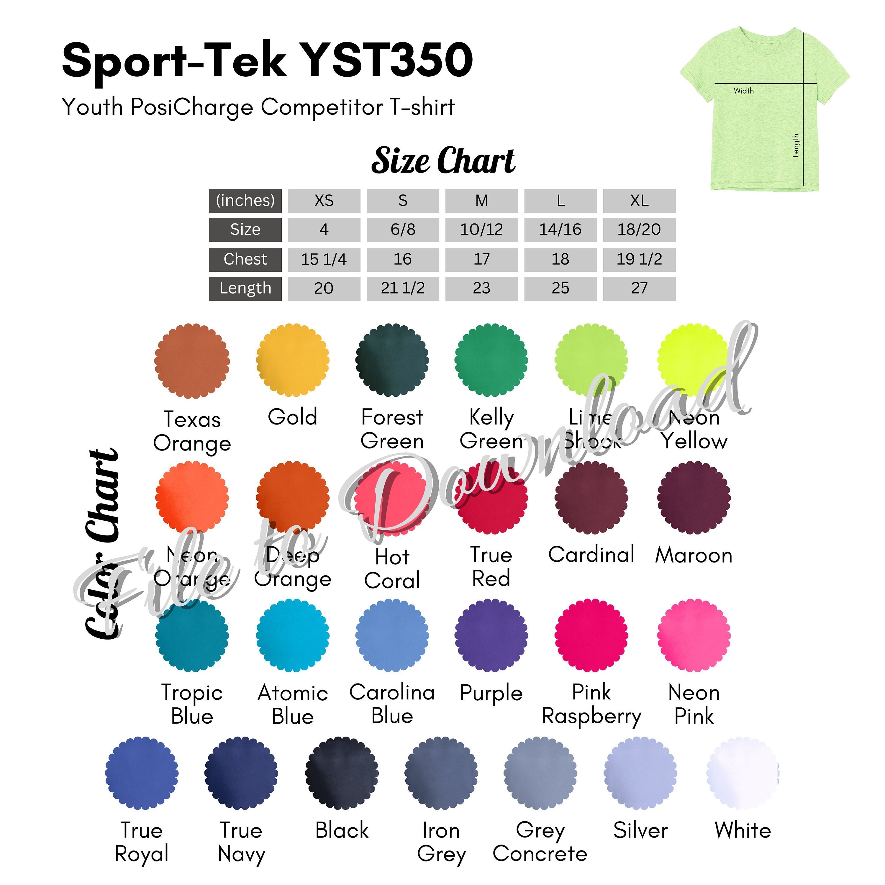 Sporttek YST350 Color Chart and Size Chart, Sport Tek YST350 Youth Competitor Tshirt Color