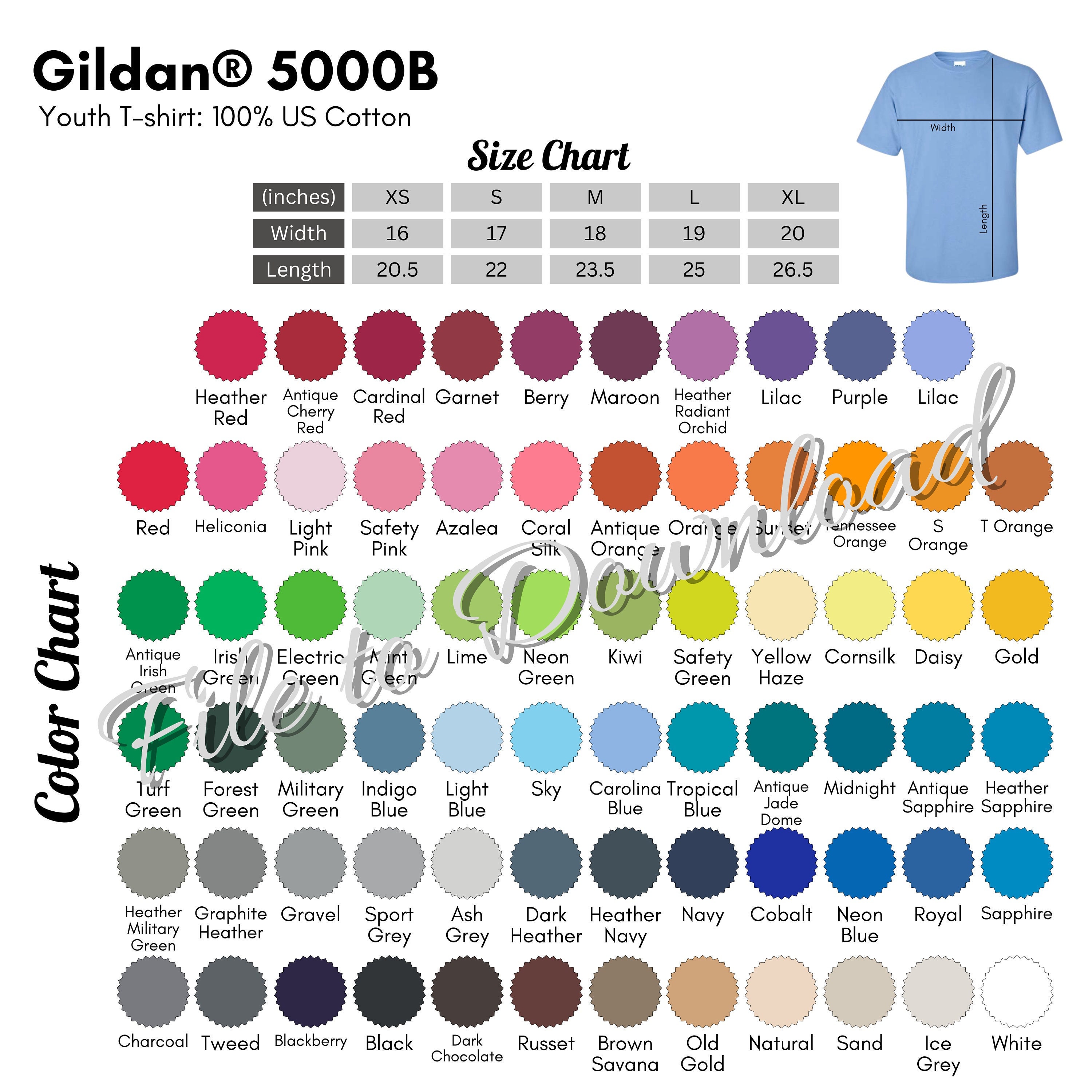 Gildan 5000B Color Chart and Size Chart Gildan Youth Tshirt Etsy Finland