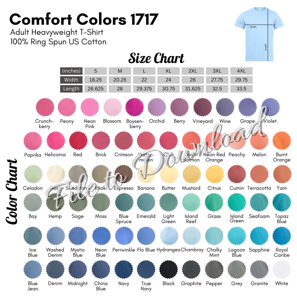 Editable Comfort Colors 1717 Color Chart and Size Chart, Comfort Colors ...