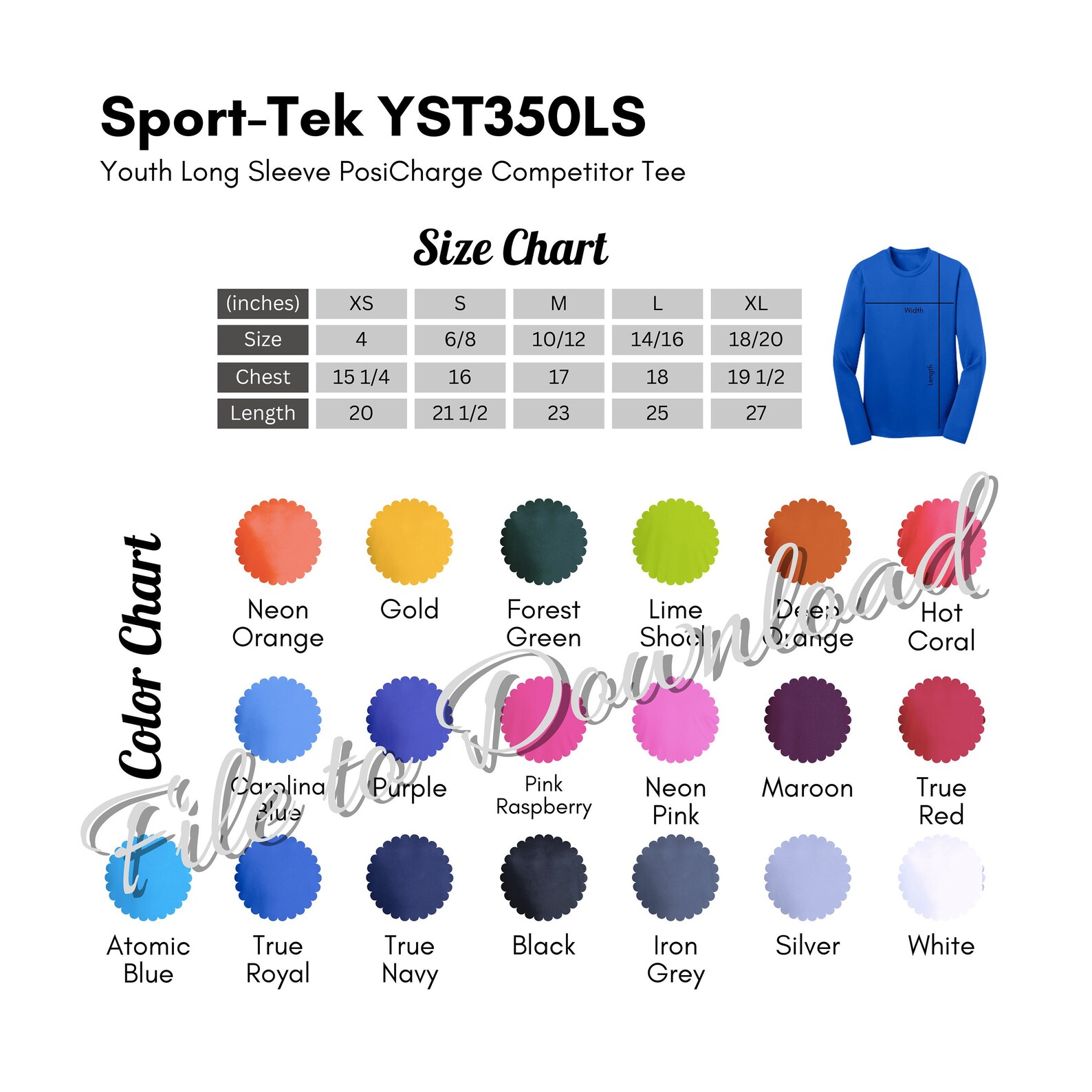 Sporttek YST350LS Color Chart and Size Chart Sport Tek Etsy