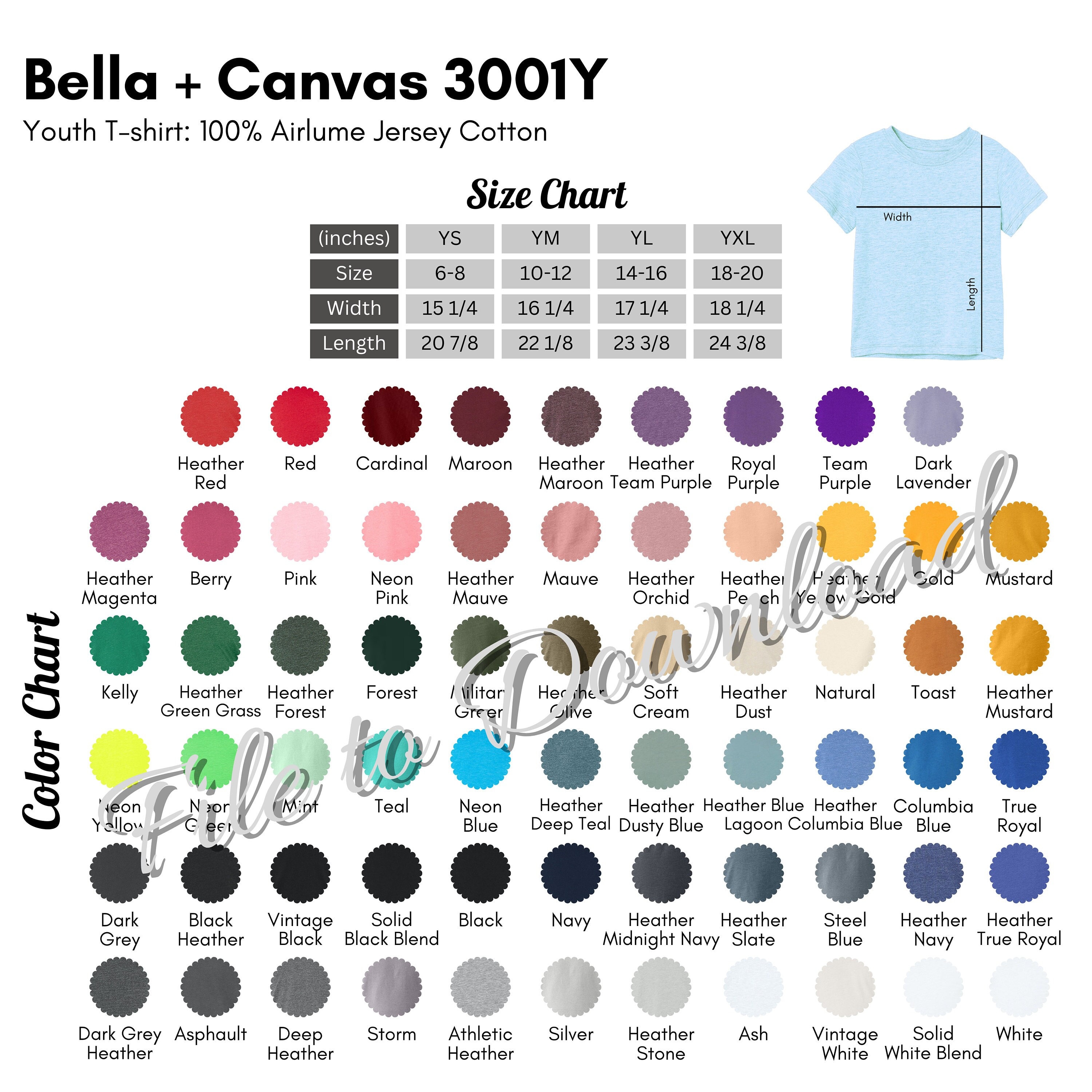 Bella Canvas 3001Y Color Chart and Size Chart BC3001Y Youth - Etsy