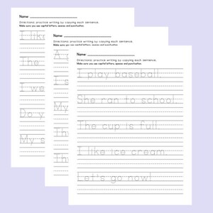 Sentence Worksheet, Handwriting Printable Tracing Sheet, Digital Download School Writing Handout ...