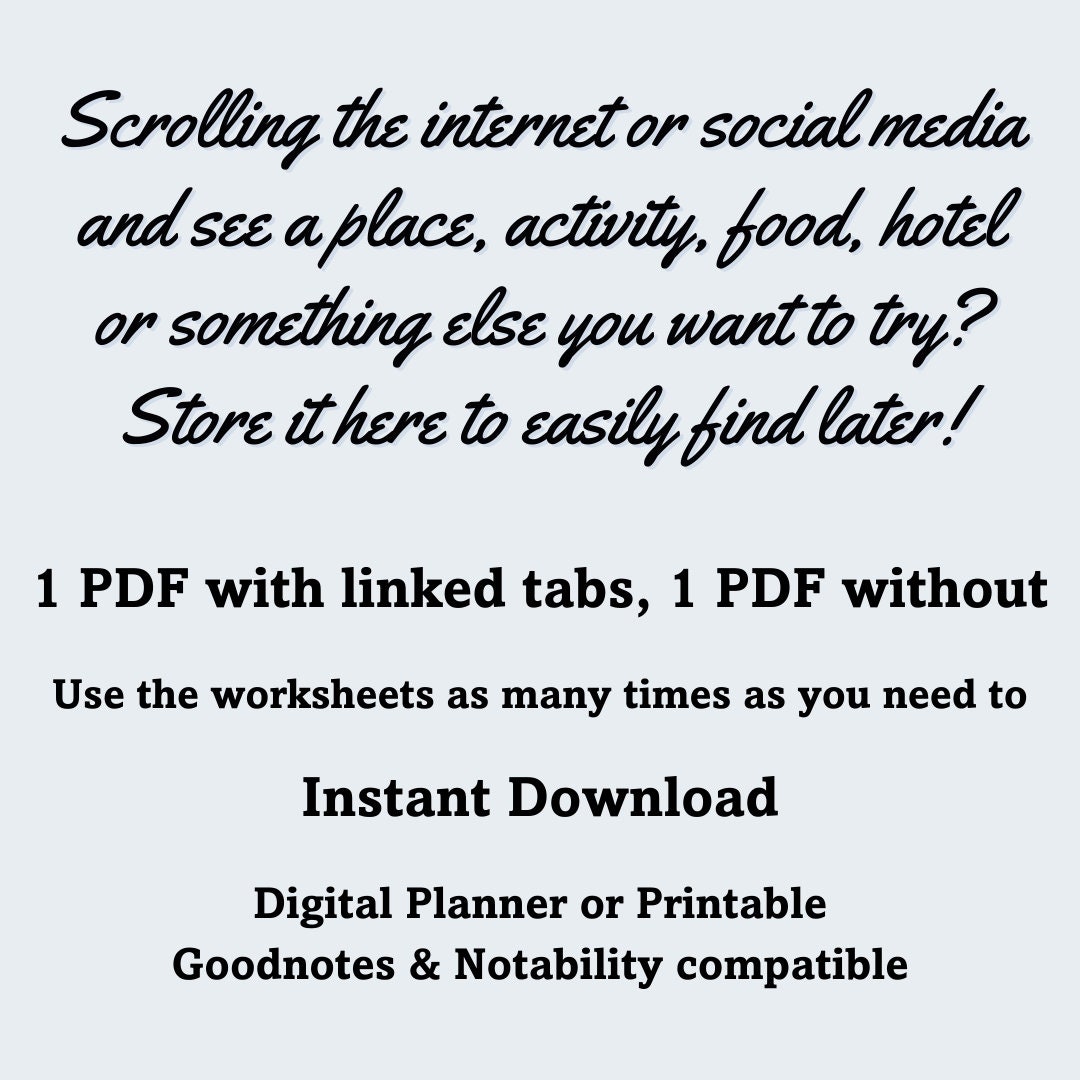 Travel Bucket List Organizer, Vacation Idea Storage, Digital Planner