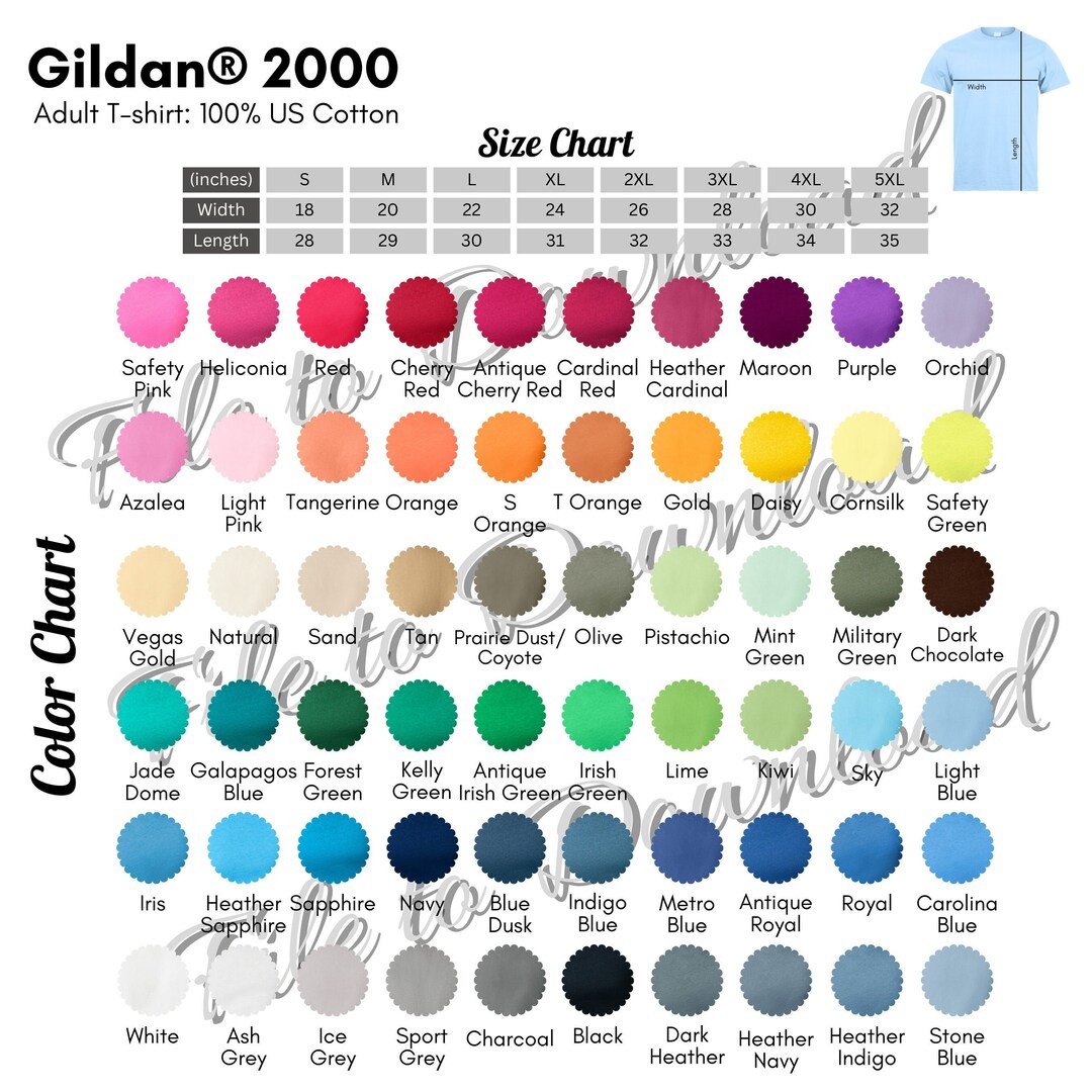 Gildan 2000 Color Chart and Size Chart G200 Tshirt Color - Etsy