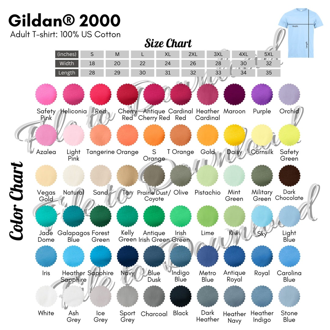 Gildan 2000 Color Chart and Size Chart, G200 Tshirt Color Guide, Gildan