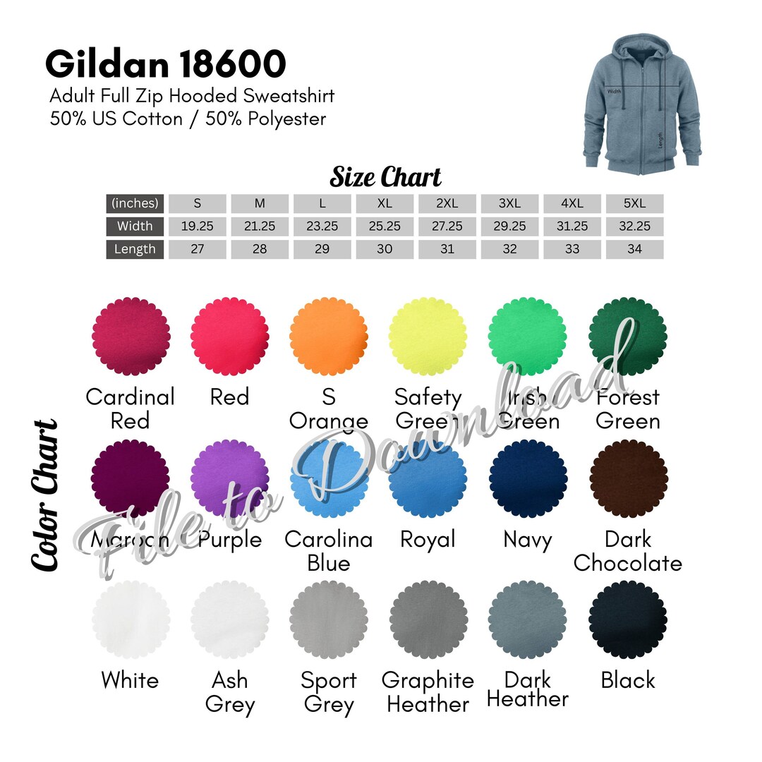 Gildan 18600 Color Chart and Size Chart, G186 Full Zip Hooded ...