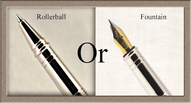 Może przedstawiać: Obraz por&oacute;wnujący długopis kulkowy i pi&oacute;ro wieczne. Długopis kulkowy jest srebrny. Pi&oacute;ro wieczne ma złotą stal&oacute;wkę i srebrny korpus. Słowo "Or" znajduje się pomiędzy dwoma pi&oacute;rami.