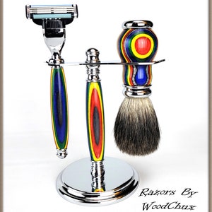 Razor Handmade SpectraPly Wood Shaving Set Double Edge Safety Mach 3 Fusion Razor Colorgrain 356a