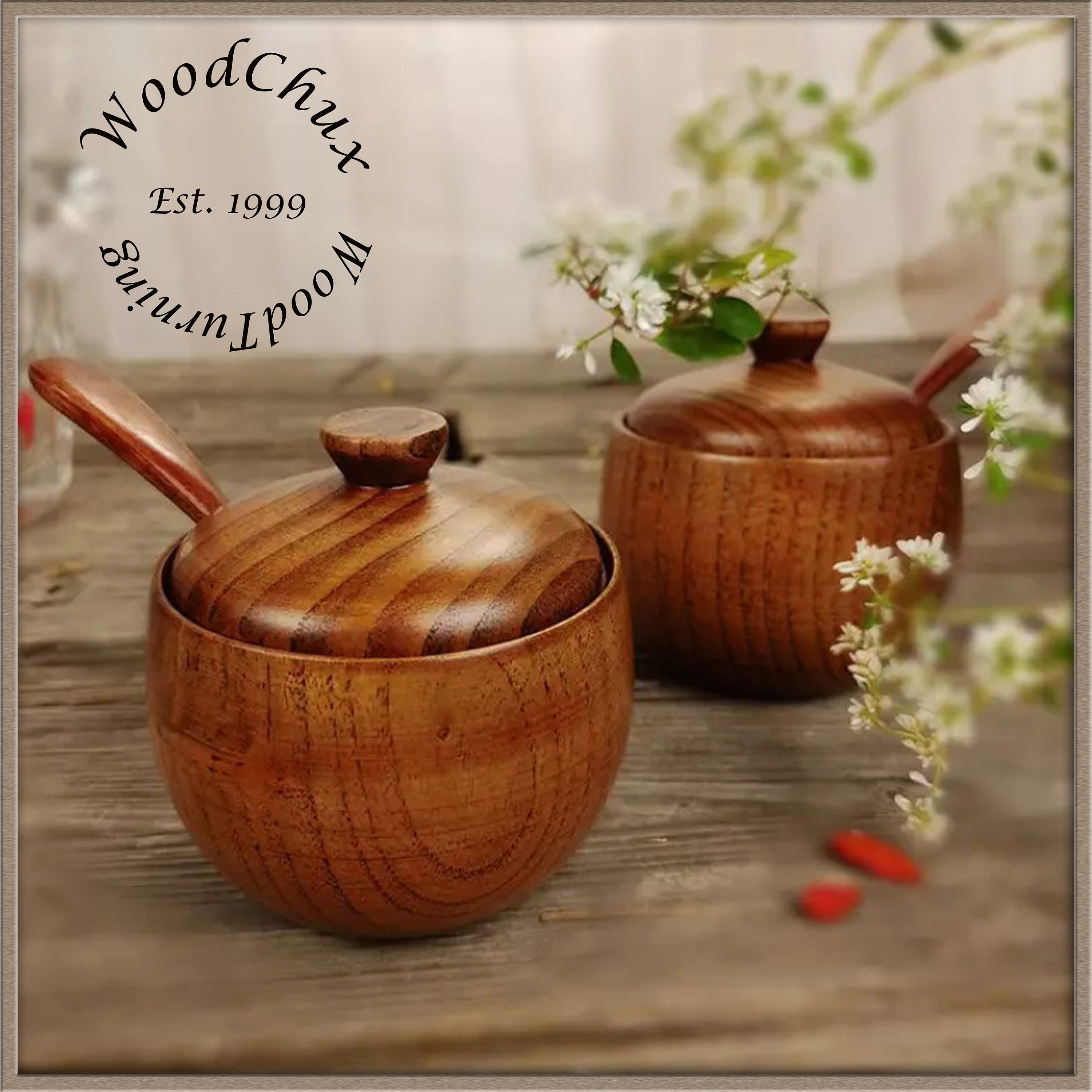 Holz-Salzkeller Aus Jujuba – Rustikaler Salzhalter Mit Deckel Und Löffel, 170 Ml, 8,9 Cm, Für Die Küchentheke
