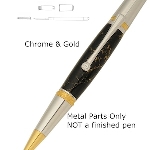 May include: A chrome and gold pen with a black marbled barrel. The pen has a gold tip and accents, with a silver clip and a small decorative jewel. The image also shows pen components and the text "Chrome & Gold" and "Metal Parts Only NOT a finished pen."