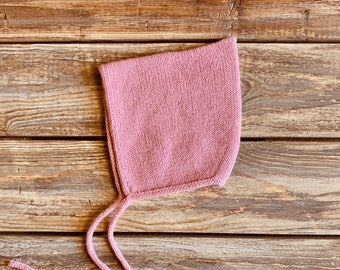 Newborn Merino Wool Pixie Bonnet: Pink Knitted Baby Hat