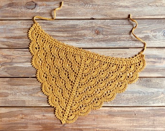 Crochet Cotton Bandana: Boho Mustard Yellow Head Scarf