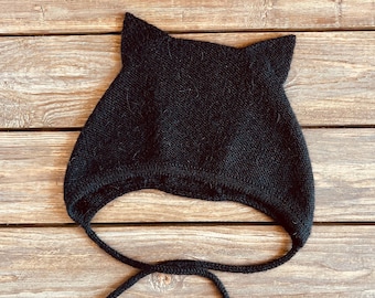 Black Merino Wool Baby Cat Bonnet: Knit Hat With Ties And Ears
