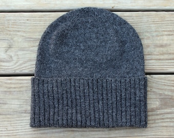 Alpaca Wool Knit Beanie: Fold Over Brim, Charcoal Gray