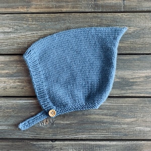 Baby Alpaca Pixie Hat: Vintage Blue Knit Bonnet with Button