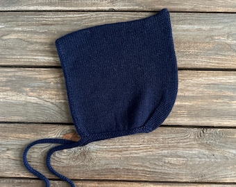 Merino Wool Baby Pixie Hat: Navy Knit Bonnet with Ties