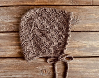 Brown alpaca bonnet, lace knitted, vintage style
