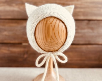 Baby Alpaca Kitty Bonnet: Cream Knit Kitten Hat With Ears