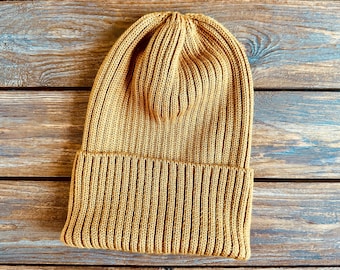 Dark mustard beanie, pure merino wool, very soft and itch free