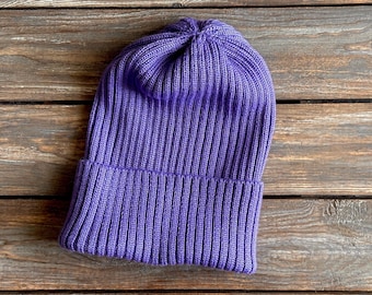 Purple winter hat, 100% extrafine Merino wool, made in USA