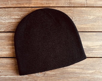 Black pure merino beanie, double sided, made in USA