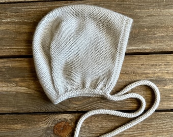 Gray bonnet for baby, knitted with soft pure merino wool