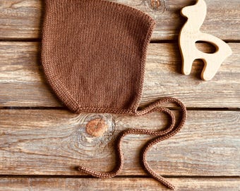 Brown Merino Wool Baby Pixie Hat: Seamless Knitted Bonnet