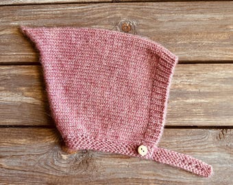 Vintage Baby Pixie Bonnet With Button – Knitted With Alpaca Wool in Blush Pink