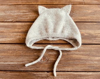 Baby Kitty Bonnet: Light Gray Heirloom Hat With Ears